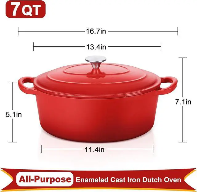 Alt view image 2 of 7 - E-far 7QT Oval Dutch Oven Pot with Lid, Enameled Cast Iron Dutch Oven with Dual Handles for Sourdough Bread Baking Cooking, Nonstick Enamel Coated Cookware(Red), Non-Toxic & Easy Clean