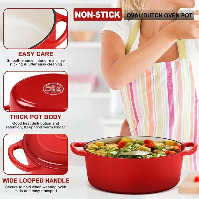 Alt view image 3 of 7 - E-far 7QT Oval Dutch Oven Pot with Lid, Enameled Cast Iron Dutch Oven with Dual Handles for Sourdough Bread Baking Cooking, Nonstick Enamel Coated Cookware(Red), Non-Toxic & Easy Clean