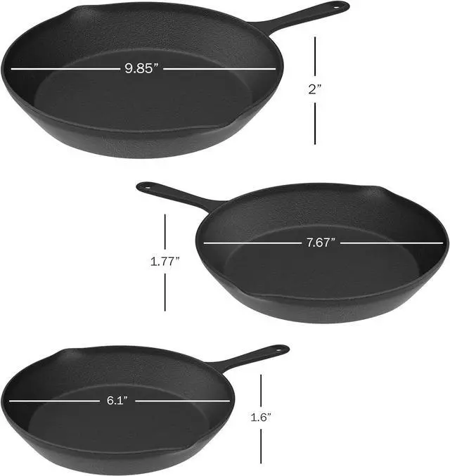 Alt view image 2 of 7 - Frying Pans - Set of 3 Pre-Seasoned Cast Iron Skillets with 10-Inch, 8-Inch, and 6-Inch Sizes - Nonstick Camping Cookware by Home-Complete (Black)