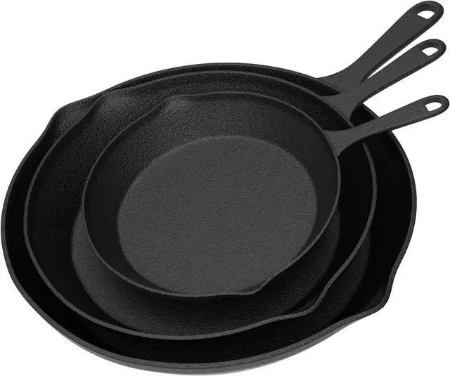 Alt view image 6 of 7 - Frying Pans - Set of 3 Pre-Seasoned Cast Iron Skillets with 10-Inch, 8-Inch, and 6-Inch Sizes - Nonstick Camping Cookware by Home-Complete (Black)