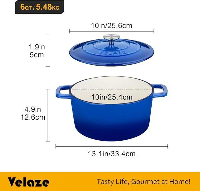 Alt view image 2 of 7 - Velaze 6 QT Enameled Dutch Oven Pot with Lid, Cast Iron Dutch Oven with Dual Handles for Sourdough Bread Baking, Cooking, Non-stick Enamel Coated Cookware (Blue)