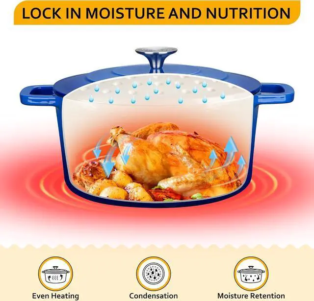 Alt view image 3 of 7 - Velaze 6 QT Enameled Dutch Oven Pot with Lid, Cast Iron Dutch Oven with Dual Handles for Sourdough Bread Baking, Cooking, Non-stick Enamel Coated Cookware (Blue)