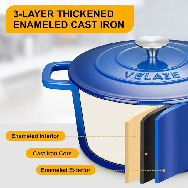 Alt view image 4 of 7 - Velaze 6 QT Enameled Dutch Oven Pot with Lid, Cast Iron Dutch Oven with Dual Handles for Sourdough Bread Baking, Cooking, Non-stick Enamel Coated Cookware (Blue)
