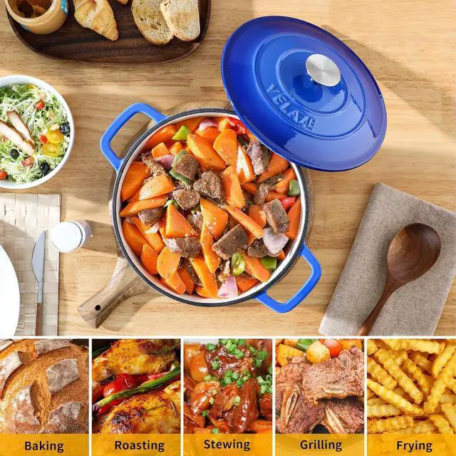 Alt view image 5 of 7 - Velaze 6 QT Enameled Dutch Oven Pot with Lid, Cast Iron Dutch Oven with Dual Handles for Sourdough Bread Baking, Cooking, Non-stick Enamel Coated Cookware (Blue)