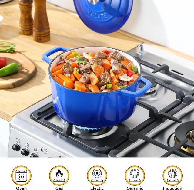Alt view image 6 of 7 - Velaze 6 QT Enameled Dutch Oven Pot with Lid, Cast Iron Dutch Oven with Dual Handles for Sourdough Bread Baking, Cooking, Non-stick Enamel Coated Cookware (Blue)