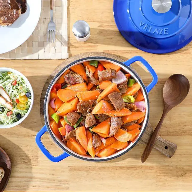 Alt view image 7 of 7 - Velaze 6 QT Enameled Dutch Oven Pot with Lid, Cast Iron Dutch Oven with Dual Handles for Sourdough Bread Baking, Cooking, Non-stick Enamel Coated Cookware (Blue)