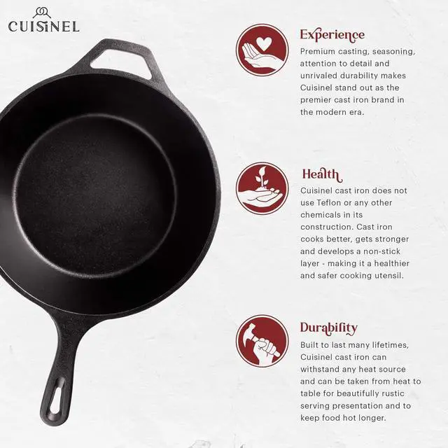 Alt view image 2 of 6 - Cuisinel Cast Iron Skillet + Lid - 2-In-1 Multi Cooker - Deep Pot + Frying Pan - 3-Qt Dutch Oven - Pre-Seasoned Oven Cookware - Works for Bread, Indoor/Outdoor, Grill, Stovetop and Induction