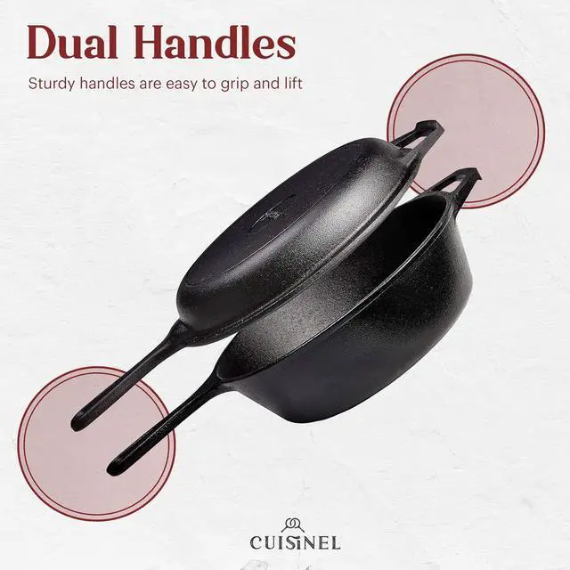 Alt view image 3 of 6 - Cuisinel Cast Iron Skillet + Lid - 2-In-1 Multi Cooker - Deep Pot + Frying Pan - 3-Qt Dutch Oven - Pre-Seasoned Oven Cookware - Works for Bread, Indoor/Outdoor, Grill, Stovetop and Induction