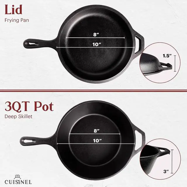 Alt view image 4 of 6 - Cuisinel Cast Iron Skillet + Lid - 2-In-1 Multi Cooker - Deep Pot + Frying Pan - 3-Qt Dutch Oven - Pre-Seasoned Oven Cookware - Works for Bread, Indoor/Outdoor, Grill, Stovetop and Induction