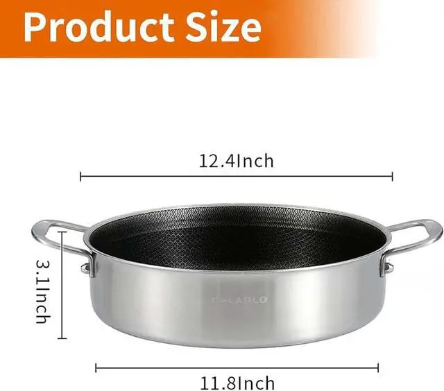 Alt view image 3 of 6 - DELARLO Frying Pan,12 inch Skillet with lid,Tri-Ply Stainless Steel Saute Pan 6QT,Dishwasher-Friendly,Stay-Cool Handles,Oven-Safe Up to 660