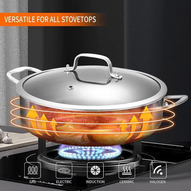 Alt view image 4 of 6 - DELARLO Frying Pan,12 inch Skillet with lid,Tri-Ply Stainless Steel Saute Pan 6QT,Dishwasher-Friendly,Stay-Cool Handles,Oven-Safe Up to 660