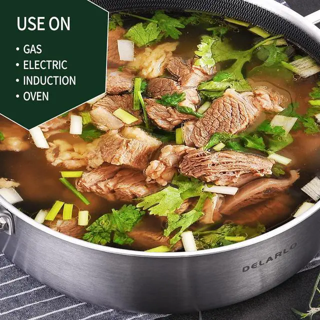 Alt view image 5 of 6 - DELARLO Frying Pan,12 inch Skillet with lid,Tri-Ply Stainless Steel Saute Pan 6QT,Dishwasher-Friendly,Stay-Cool Handles,Oven-Safe Up to 660