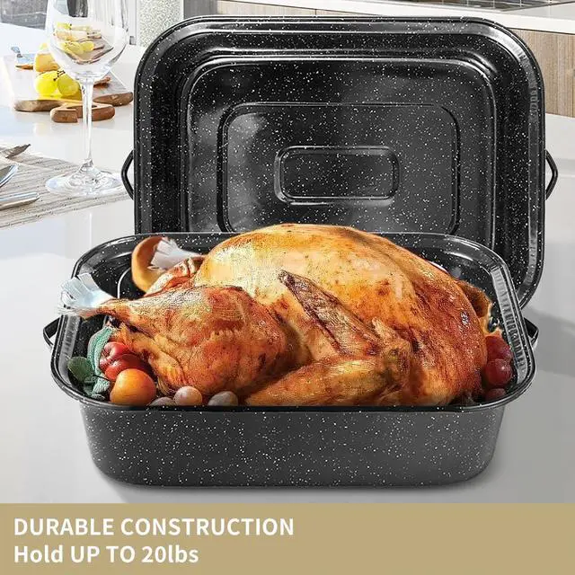 Alt view image 4 of 7 - 21Inch Roasting Pan, Extra Large Rectangle Roasting Pan With Rack, 25lb Capacity, Large Roaster pan for Baking Turkey, V-Rack and Versatile Lid Bone Turkey Baster by DIMESHY