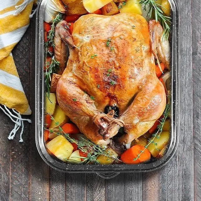 Alt view image 6 of 7 - 21Inch Roasting Pan, Extra Large Rectangle Roasting Pan With Rack, 25lb Capacity, Large Roaster pan for Baking Turkey, V-Rack and Versatile Lid Bone Turkey Baster by DIMESHY