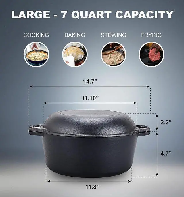 Alt view image 3 of 7 - Bruntmor Pre-Seasoned Cast Iron Double Dutch Oven with Skillet Lid - 7 Quart All-in-One Casserole and Braising Pan - Heavy Duty and Oven Safe Black Cookware for Versatile Cooking - 14.7 x 6.9 Inches