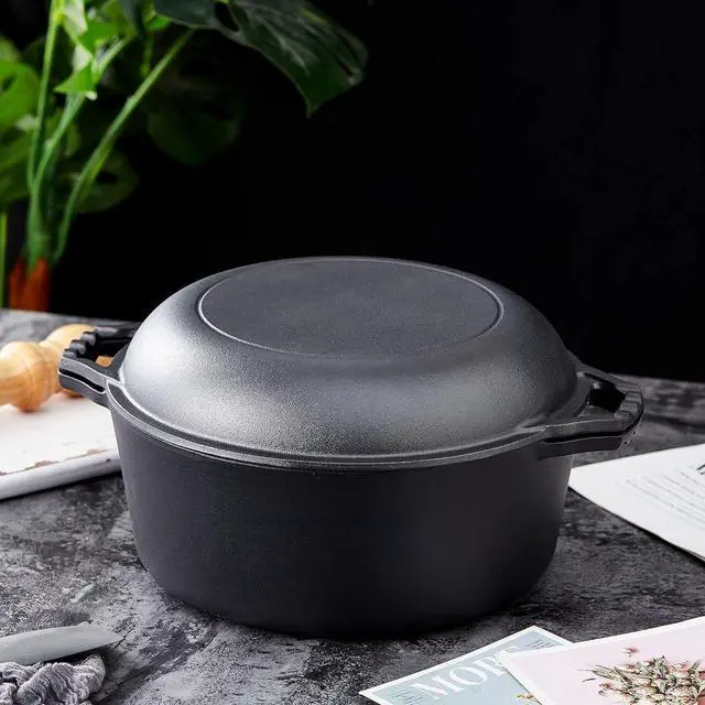 Alt view image 4 of 7 - Bruntmor Pre-Seasoned Cast Iron Double Dutch Oven with Skillet Lid - 7 Quart All-in-One Casserole and Braising Pan - Heavy Duty and Oven Safe Black Cookware for Versatile Cooking - 14.7 x 6.9 Inches