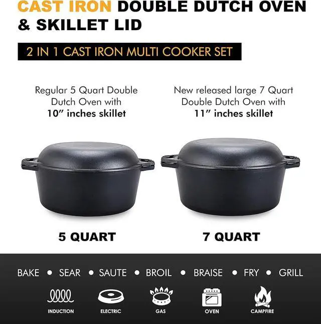 Alt view image 5 of 7 - Bruntmor Pre-Seasoned Cast Iron Double Dutch Oven with Skillet Lid - 7 Quart All-in-One Casserole and Braising Pan - Heavy Duty and Oven Safe Black Cookware for Versatile Cooking - 14.7 x 6.9 Inches