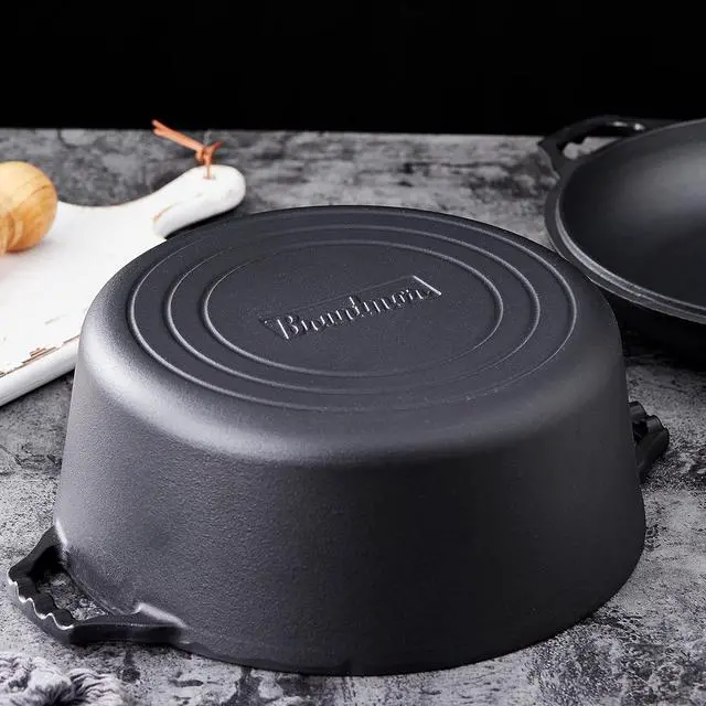 Alt view image 6 of 7 - Bruntmor Pre-Seasoned Cast Iron Double Dutch Oven with Skillet Lid - 7 Quart All-in-One Casserole and Braising Pan - Heavy Duty and Oven Safe Black Cookware for Versatile Cooking - 14.7 x 6.9 Inches