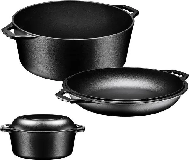 Alt view image 7 of 7 - Bruntmor Pre-Seasoned Cast Iron Double Dutch Oven with Skillet Lid - 7 Quart All-in-One Casserole and Braising Pan - Heavy Duty and Oven Safe Black Cookware for Versatile Cooking - 14.7 x 6.9 Inches