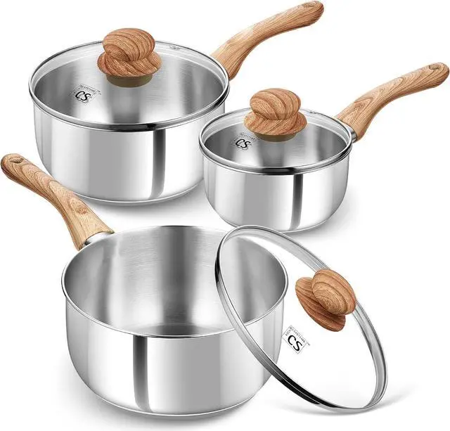 Main image of KOCH SYSTEME CS Stainless Steel Saucepan Set, 6 Piece Stainless Steel Sauce Pan 1QT & 2QT & 3QT with heat-resistant Bakelite Handle, Cool-Touch Stainless Steel Pot Set, Sauce Pans Induction Ready