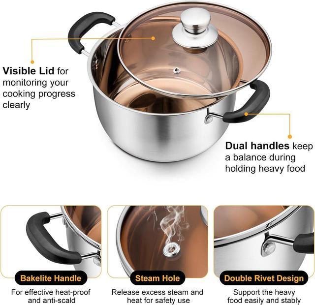 Alt view image 2 of 7 - P&P CHEF 4 Quart Pot with Lid, Stainless Steel Stockpot Cooking Stock Pot for Soup, Heat-Proof Double Handles with Visible Lid, Dishwasher Safe & Non Toxic