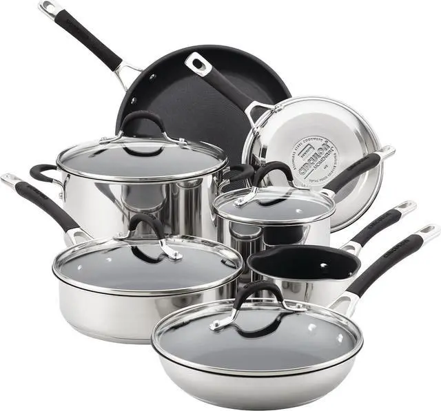 Main image of Circulon Momentum Stainless Steel Nonstick Cookware Set with Glass Lids, 11-Piece Pot and Pan Set, Stainless Steel