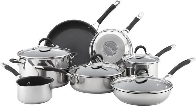 Alt view image 2 of 7 - Circulon Momentum Stainless Steel Nonstick Cookware Set with Glass Lids, 11-Piece Pot and Pan Set, Stainless Steel