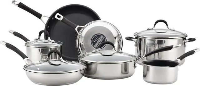 Alt view image 3 of 7 - Circulon Momentum Stainless Steel Nonstick Cookware Set with Glass Lids, 11-Piece Pot and Pan Set, Stainless Steel