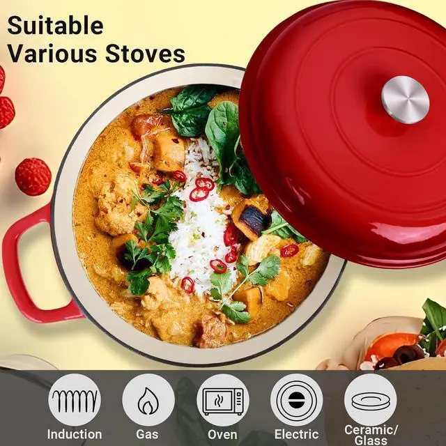 Alt view image 6 of 7 - Enameled Cast Iron Dutch Oven, 3.8 Quart Dutch Oven Pot with Lid, Non Stick Dutch Oven Cast Iron Pot, Round Oven Safe up to 500°F, Use for Marinate, Cook, Bake and Serve  Gradient Red