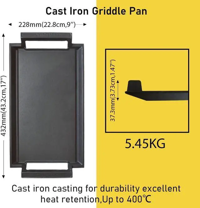 Alt view image 2 of 7 - COVERCOOK Griddle Pan, Cast Iron Grill Hot Plate, Rectangular Grill with Flat Surface for Electric Stove Top and Induction Cooktop,16.7 x 9.1in