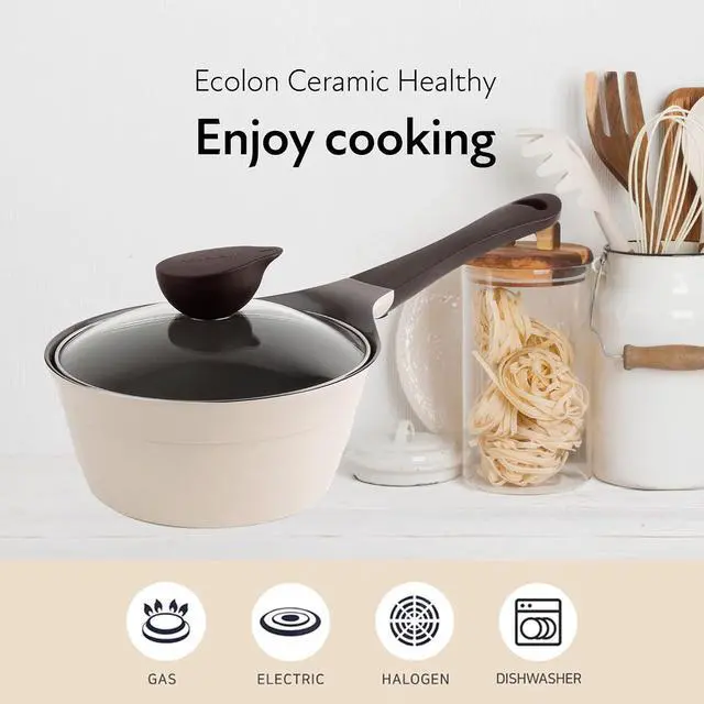 Alt view image 2 of 5 - Neoflam 1.9qt Saucepan Butter Warmer Milk Boiling|Melting Pot, Ecolon Healthy Ceramic Nonstick Coating PFOA-free, 2 Pour Spouts, Dishwasher Safe, Ivory