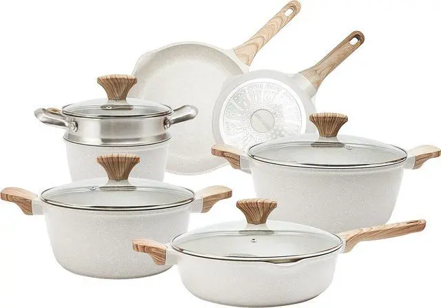 Main image of Country Kitchen Non-Stick Cast Aluminum Cookware Set - Durable Kitchen Cookware for Everyday Cooking, Cream, 11 Pc.