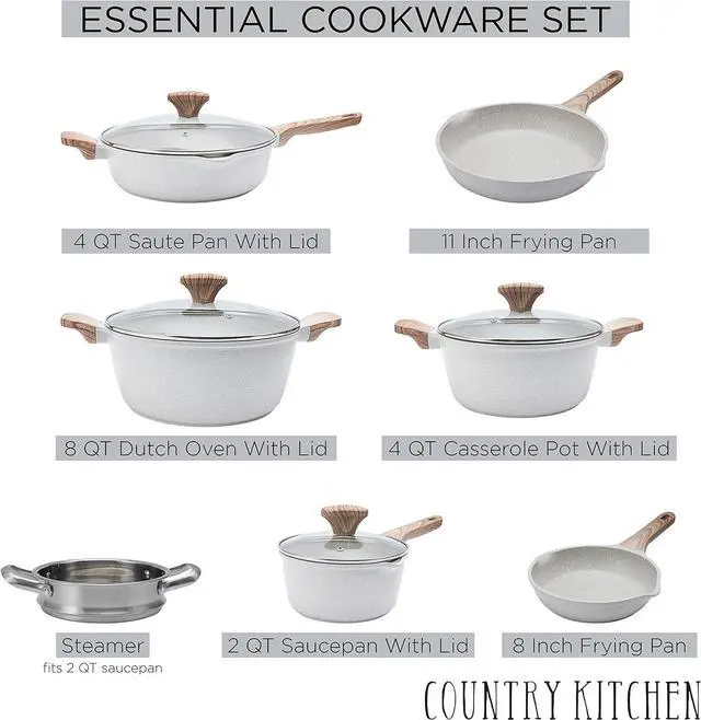 Alt view image 3 of 7 - Country Kitchen Non-Stick Cast Aluminum Cookware Set - Durable Kitchen Cookware for Everyday Cooking, Cream, 11 Pc.