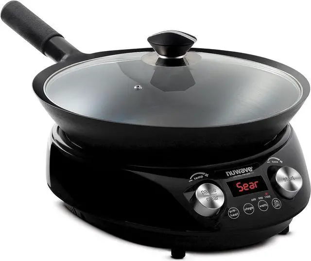Main image of Nuwave Induction Wok, 3 Wattages 600, 900 & 1500, Precise Temp Controls from 100°F to 575°F in 5°F, Infuse Complex Charred Aroma & Flavor, Authentic 14-inch Carbon Steel Wok Included, Wok Hei