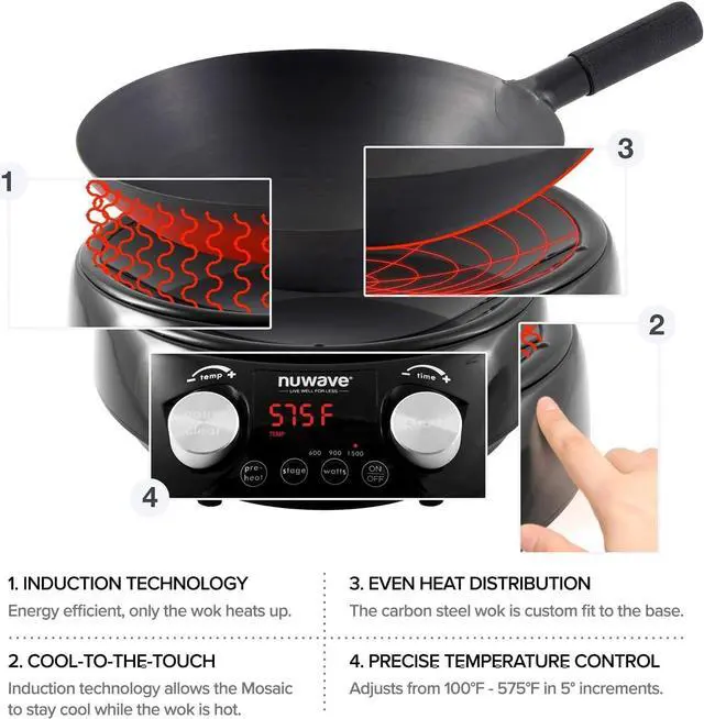 Alt view image 3 of 6 - Nuwave Induction Wok, 3 Wattages 600, 900 & 1500, Precise Temp Controls from 100°F to 575°F in 5°F, Infuse Complex Charred Aroma & Flavor, Authentic 14-inch Carbon Steel Wok Included, Wok Hei