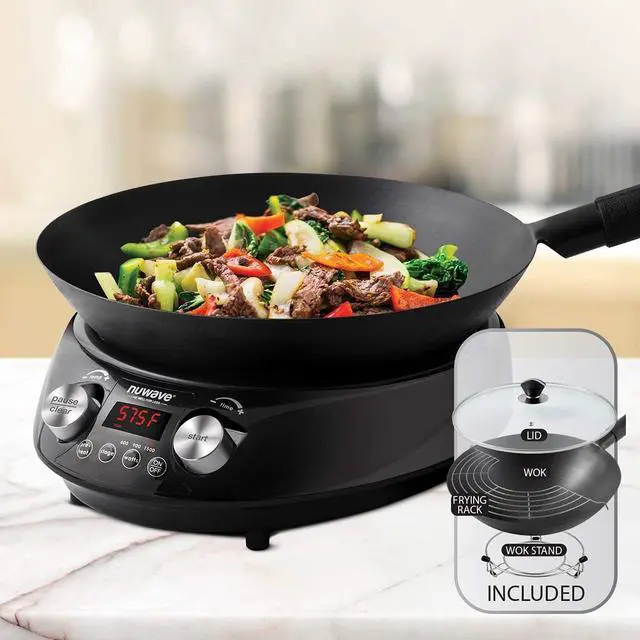 Alt view image 5 of 6 - Nuwave Induction Wok, 3 Wattages 600, 900 & 1500, Precise Temp Controls from 100°F to 575°F in 5°F, Infuse Complex Charred Aroma & Flavor, Authentic 14-inch Carbon Steel Wok Included, Wok Hei