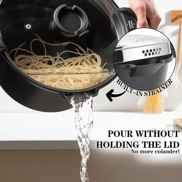 Alt view image 2 of 7 - ACTIV CUISINE 5qt Pasta Pot with Strainer Lid, Cast Aluminum Stockpot Multipot, Nonstick Ceramic Coating make Cleanup easy with Tempered Glass Lid, Dishwasher Safe, Induction, Black