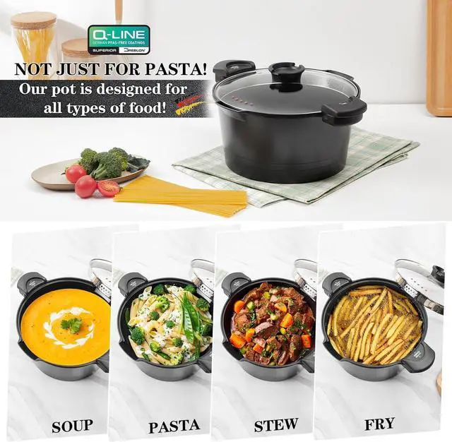 Alt view image 3 of 7 - ACTIV CUISINE 5qt Pasta Pot with Strainer Lid, Cast Aluminum Stockpot Multipot, Nonstick Ceramic Coating make Cleanup easy with Tempered Glass Lid, Dishwasher Safe, Induction, Black