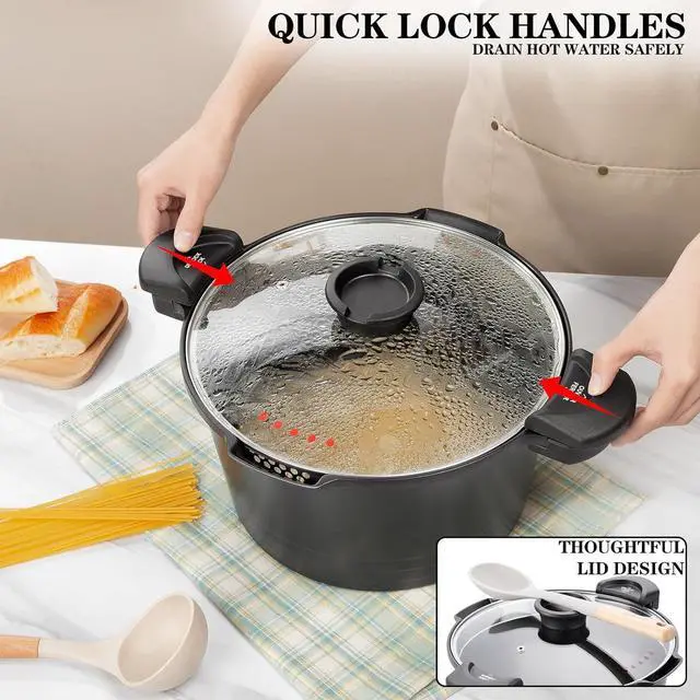 Alt view image 4 of 7 - ACTIV CUISINE 5qt Pasta Pot with Strainer Lid, Cast Aluminum Stockpot Multipot, Nonstick Ceramic Coating make Cleanup easy with Tempered Glass Lid, Dishwasher Safe, Induction, Black