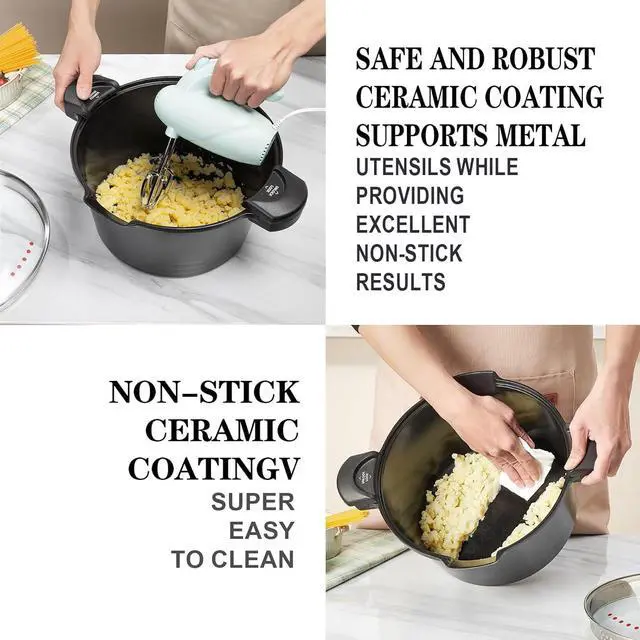 Alt view image 5 of 7 - ACTIV CUISINE 5qt Pasta Pot with Strainer Lid, Cast Aluminum Stockpot Multipot, Nonstick Ceramic Coating make Cleanup easy with Tempered Glass Lid, Dishwasher Safe, Induction, Black