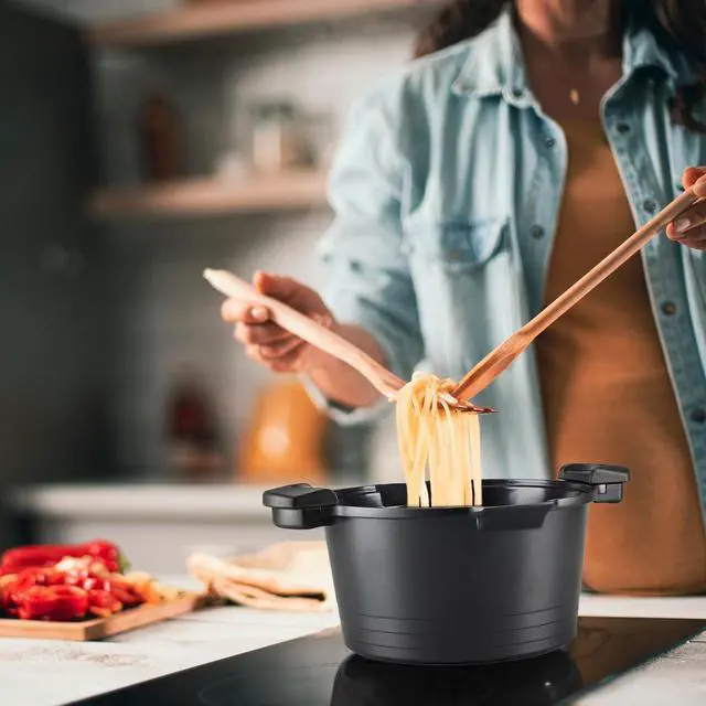 Alt view image 7 of 7 - ACTIV CUISINE 5qt Pasta Pot with Strainer Lid, Cast Aluminum Stockpot Multipot, Nonstick Ceramic Coating make Cleanup easy with Tempered Glass Lid, Dishwasher Safe, Induction, Black