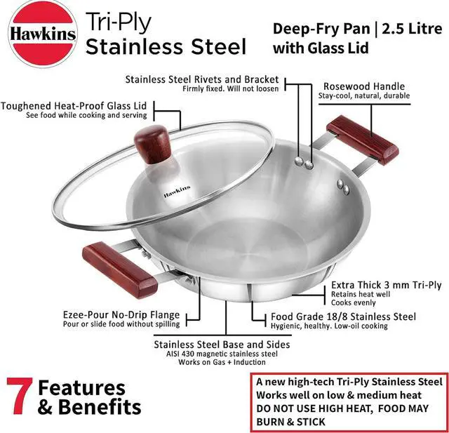 Alt view image 3 of 7 - Hawkins 2.5 Litre Deep Fry Pan, Triply Stainless Steel Kadai with Glass Lid, Flat Bottom Induction Kadhai, Silver (SSD25G)