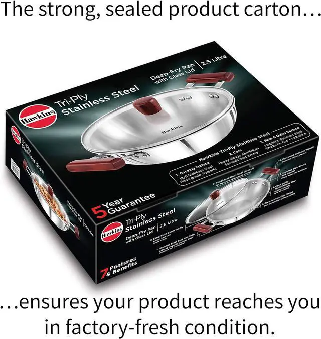 Alt view image 4 of 7 - Hawkins 2.5 Litre Deep Fry Pan, Triply Stainless Steel Kadai with Glass Lid, Flat Bottom Induction Kadhai, Silver (SSD25G)
