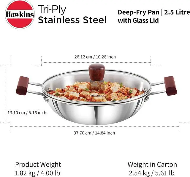 Alt view image 5 of 7 - Hawkins 2.5 Litre Deep Fry Pan, Triply Stainless Steel Kadai with Glass Lid, Flat Bottom Induction Kadhai, Silver (SSD25G)