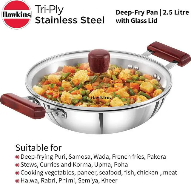 Alt view image 6 of 7 - Hawkins 2.5 Litre Deep Fry Pan, Triply Stainless Steel Kadai with Glass Lid, Flat Bottom Induction Kadhai, Silver (SSD25G)