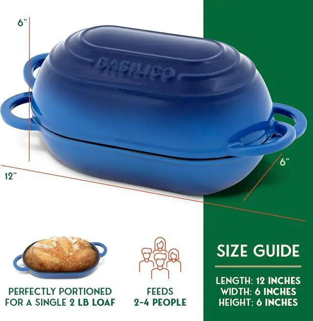 Alt view image 2 of 7 - Enameled Cast Iron Bread Oven (Blue), Non-Stick Single Loaf Cast Iron Bread Pan with Lid, Easy Homemade Sourdough Dutch Oven with Lid, Oven-Safe Artisan Bread Baking Pan, Cast Iron Loaf Pan with Lid
