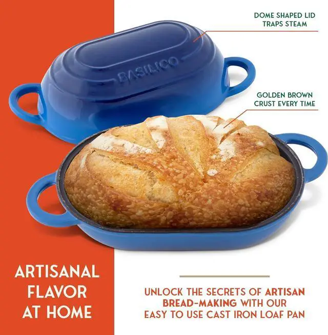Alt view image 3 of 7 - Enameled Cast Iron Bread Oven (Blue), Non-Stick Single Loaf Cast Iron Bread Pan with Lid, Easy Homemade Sourdough Dutch Oven with Lid, Oven-Safe Artisan Bread Baking Pan, Cast Iron Loaf Pan with Lid