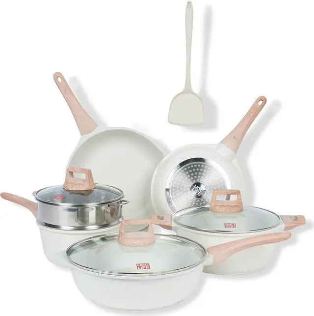 Main image of Ucclife 10pcs Pots and Pans Set Nonstick, Granite Frying Pans Induction Kitchen Cookware Sets, with Wood Print Handles Frying Pans, Saucepans, Steamer Shovel Spoon, Beige