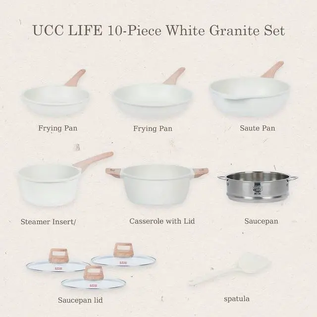 Alt view image 2 of 7 - Ucclife 10pcs Pots and Pans Set Nonstick, Granite Frying Pans Induction Kitchen Cookware Sets, with Wood Print Handles Frying Pans, Saucepans, Steamer Shovel Spoon, Beige