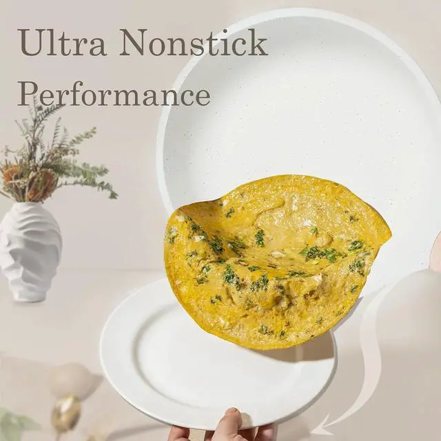 Alt view image 3 of 7 - Ucclife 10pcs Pots and Pans Set Nonstick, Granite Frying Pans Induction Kitchen Cookware Sets, with Wood Print Handles Frying Pans, Saucepans, Steamer Shovel Spoon, Beige